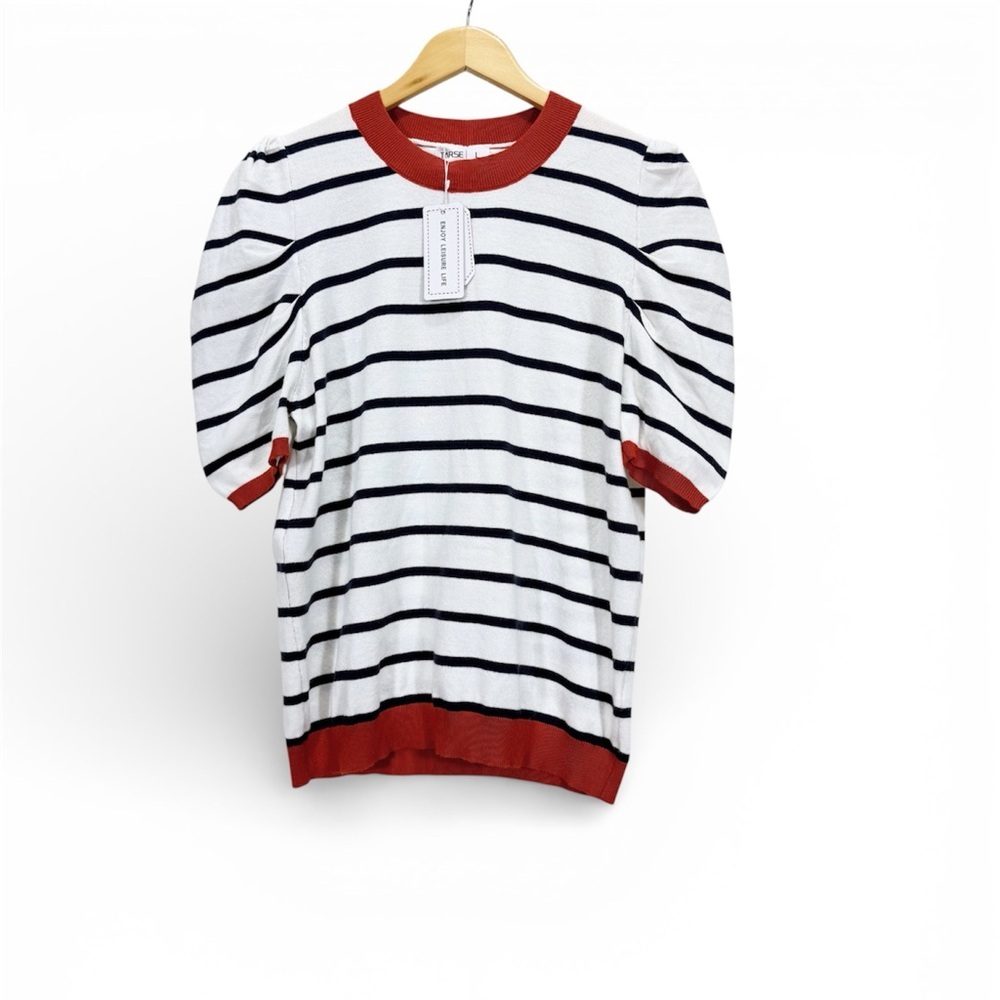 TARSE Striped Puff Sleeve Knit Top Size L Navy White Rusty Red Ribbed Trim - Picture 10 of 10